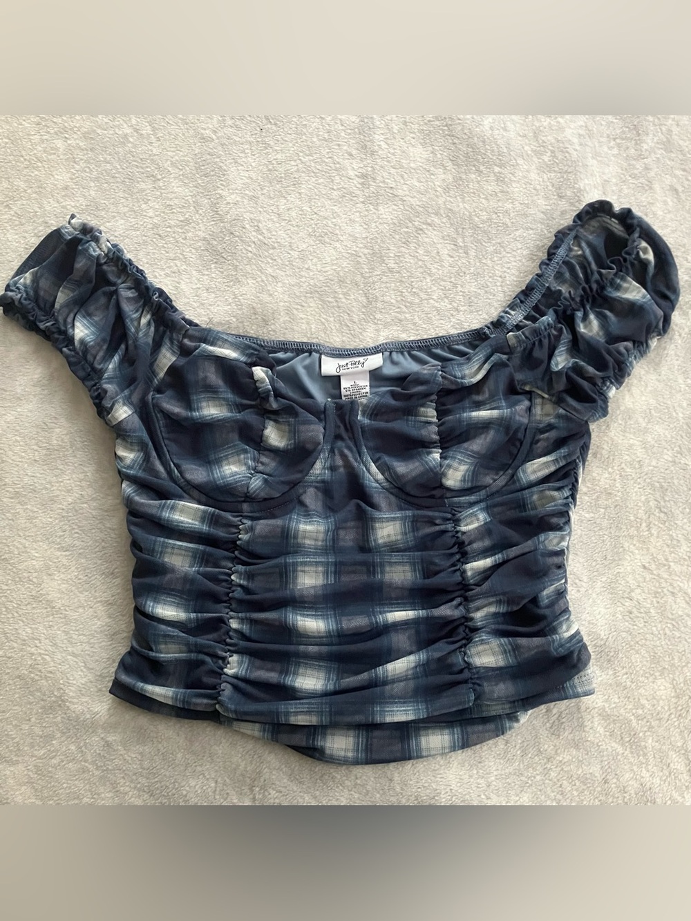 Just Polly Navy Plaid Ruched Off-Shoulder Crop Top